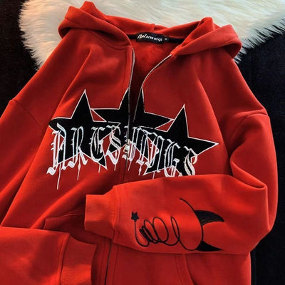 Experience Comfort and Style with Lifetane's Women's Embroidery Star Zip-Up Grunge Hoodie in Red