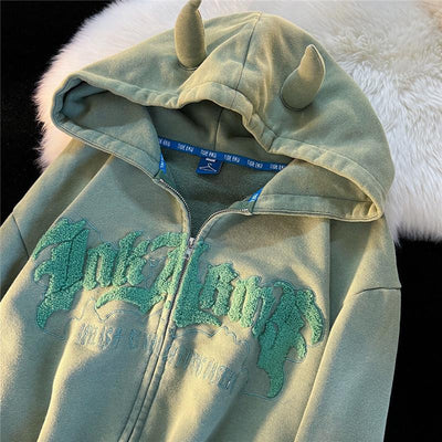 Your Go-To Store for Women Retro Embroidery Horn Sweatshirt Oversized Hoodie Green