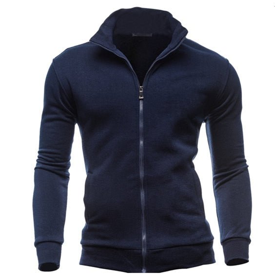 Men's Zipper Stand Collar No Hooded Pullover Sweatshirt Navy Blue - Lifetane