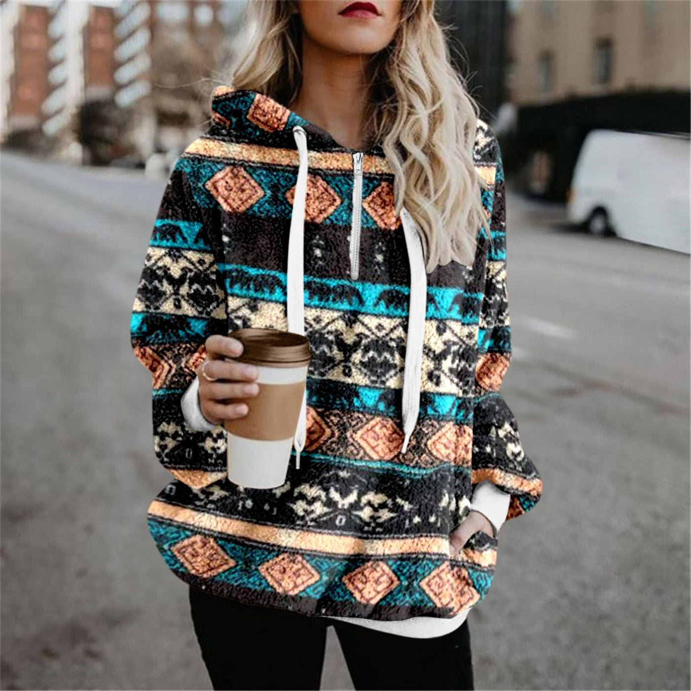 Women Lamb Wool Ethnic Style Sweater Streetwear Hoodie Brown - Lifetane
