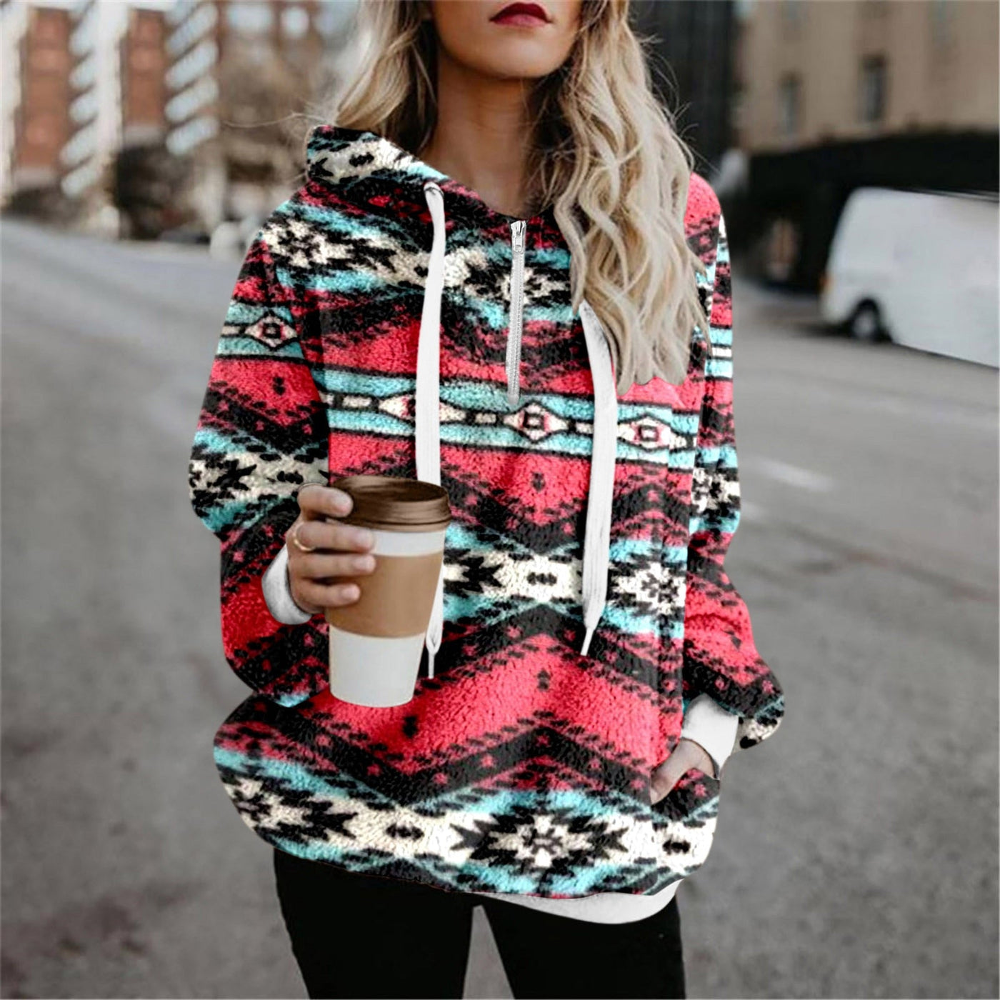 Women Lamb Wool Ethnic Style Sweater Streetwear Hoodie Red - Lifetane