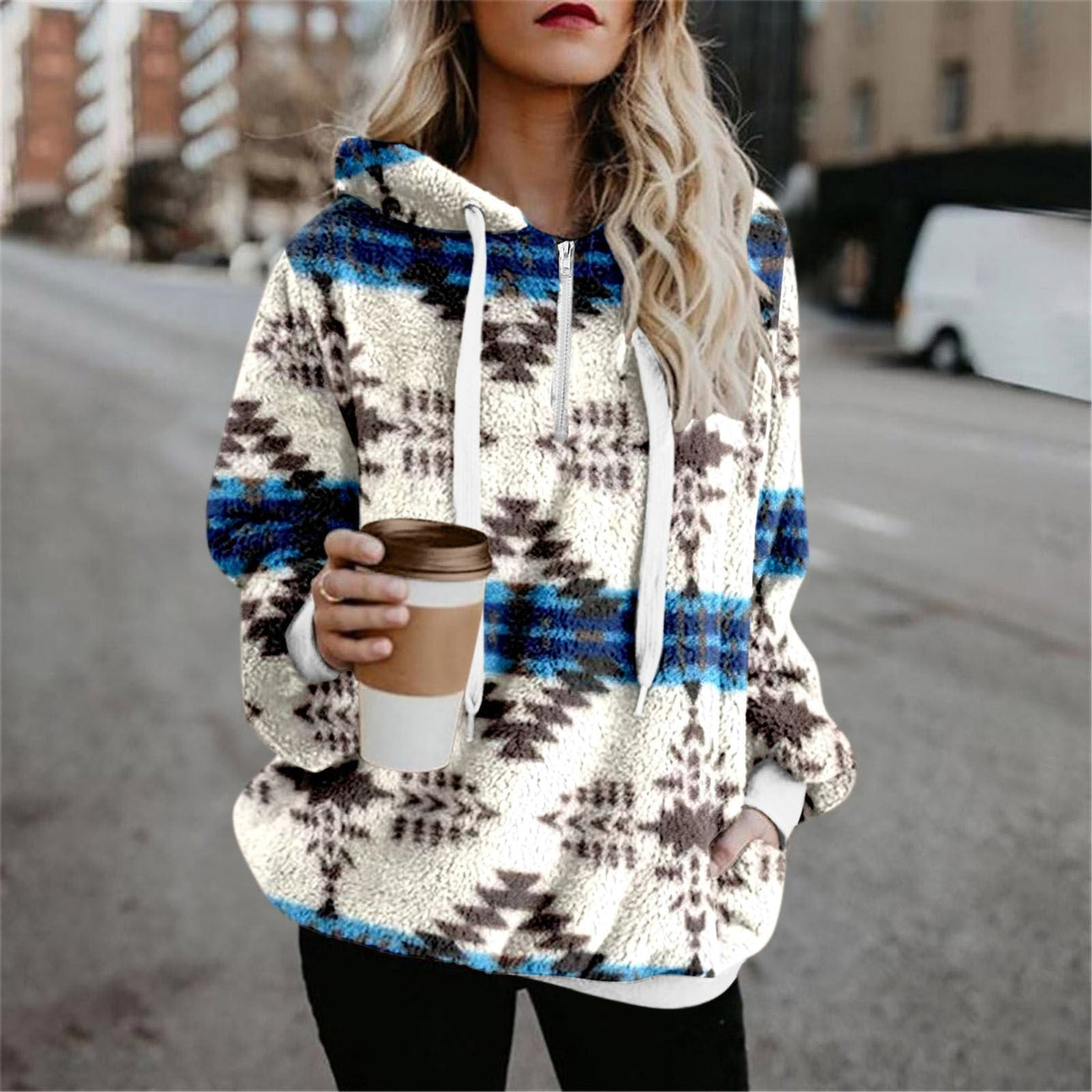 Women Lamb Wool Ethnic Style Sweater Streetwear Hoodie White - Lifetane