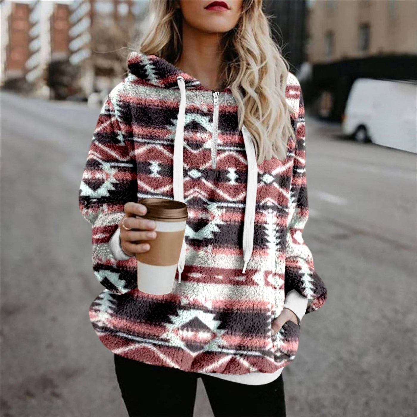 Women Lamb Wool Ethnic Style Sweater Streetwear Hoodie Wine Red - Lifetane