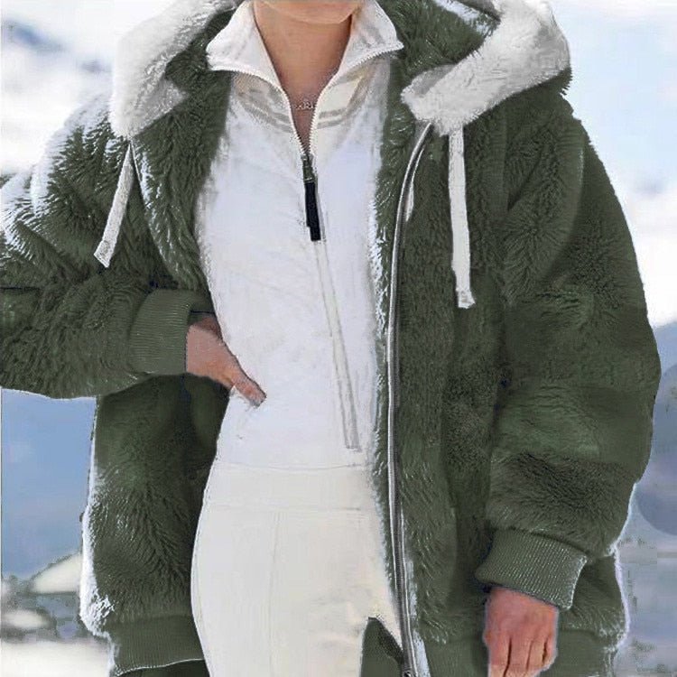 Women Loose Plush Zipper Hooded Jacket Coat Army Green - Lifetane