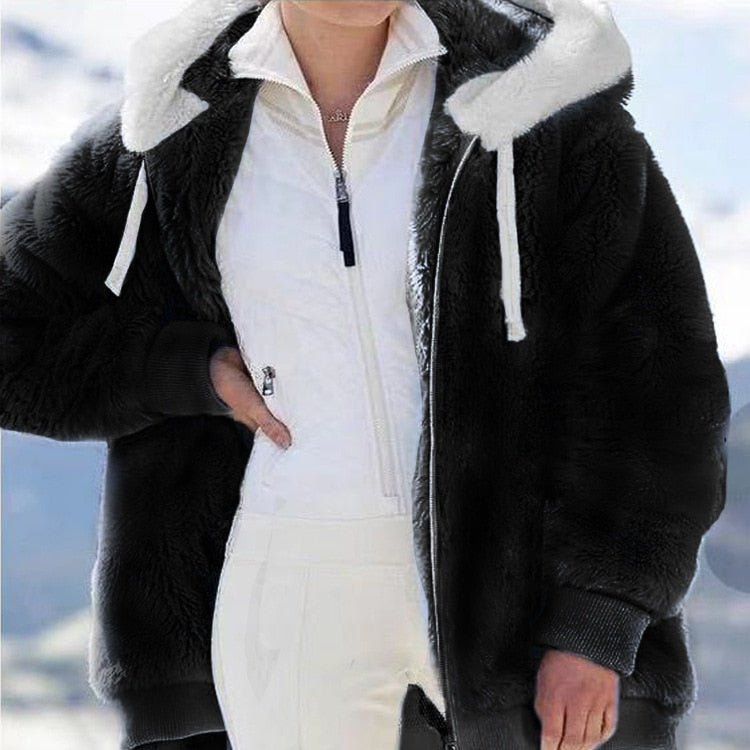 Women Loose Plush Zipper Hooded Jacket Coat Black - Lifetane