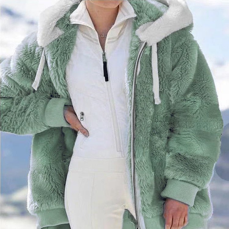 Women Loose Plush Zipper Hooded Jacket Coat Green - Lifetane