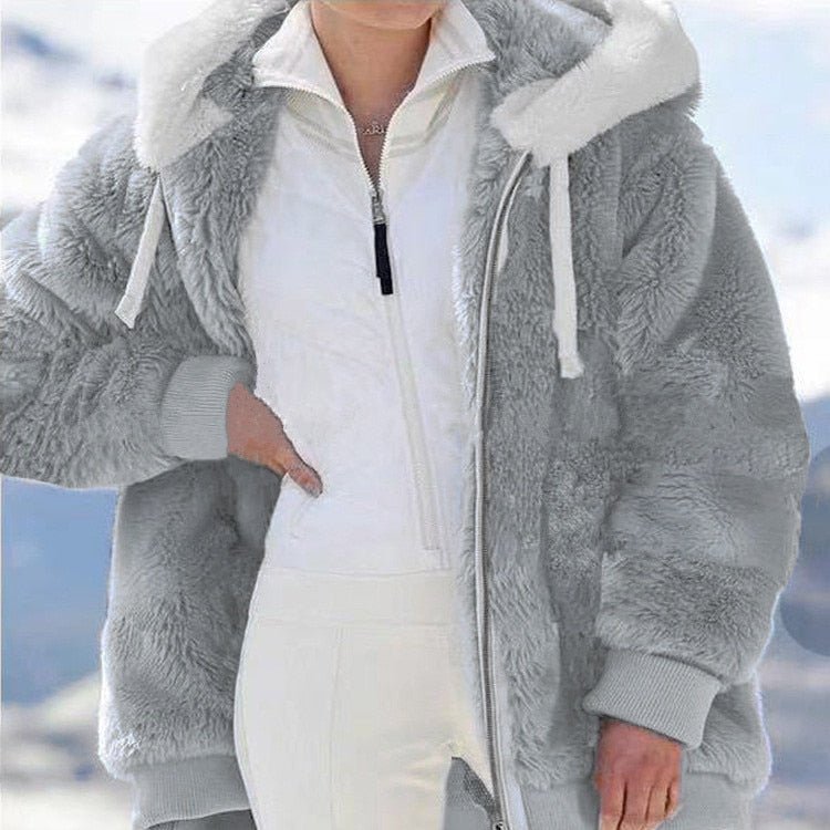 Women Loose Plush Zipper Hooded Jacket Coat Light Grey - Lifetane