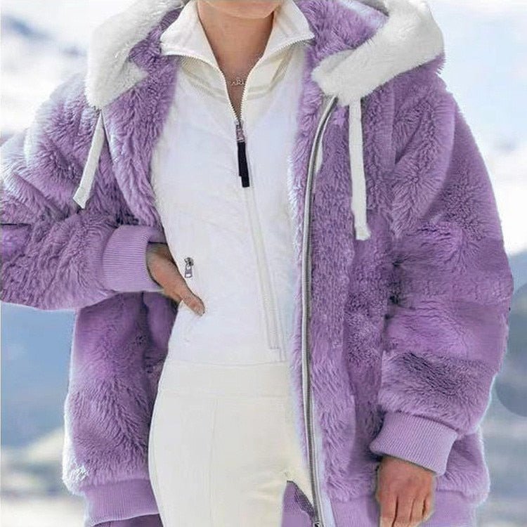 Women Loose Plush Zipper Hooded Jacket Coat Purple - Lifetane