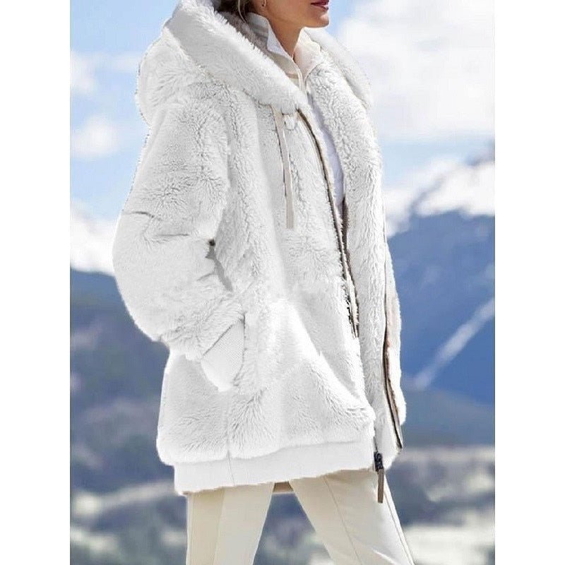 Women Loose Plush Zipper Hooded Jacket Coat White - Lifetane