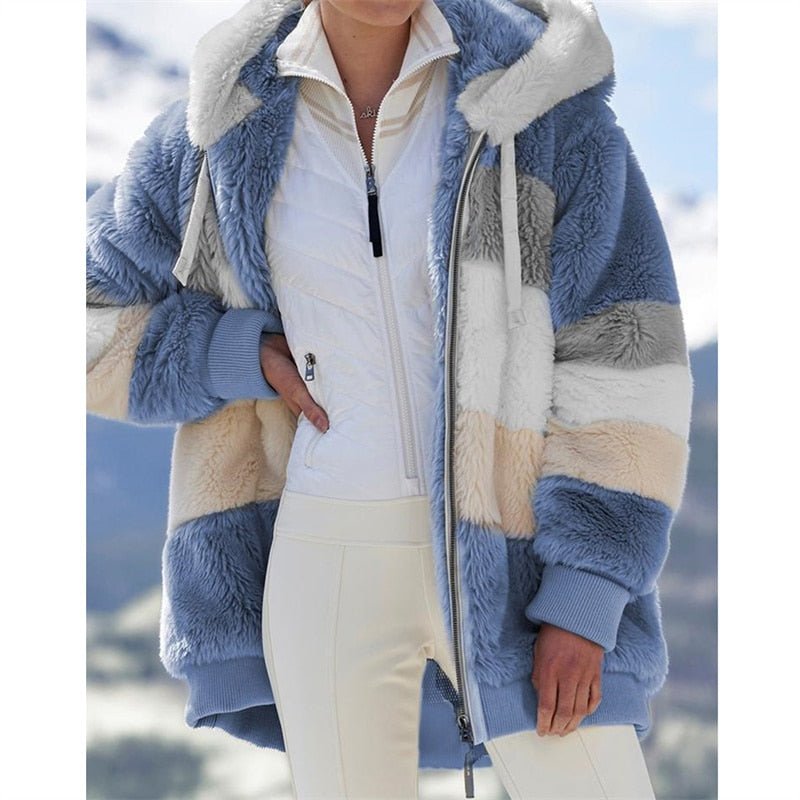 Women Patchwork Loose Plush Zipper Hooded Jacket Coat Blue - Lifetane