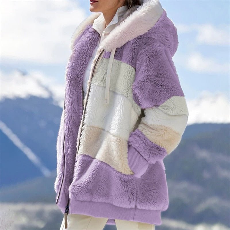 Women Patchwork Loose Plush Zipper Hooded Jacket Coat Purple - Lifetane