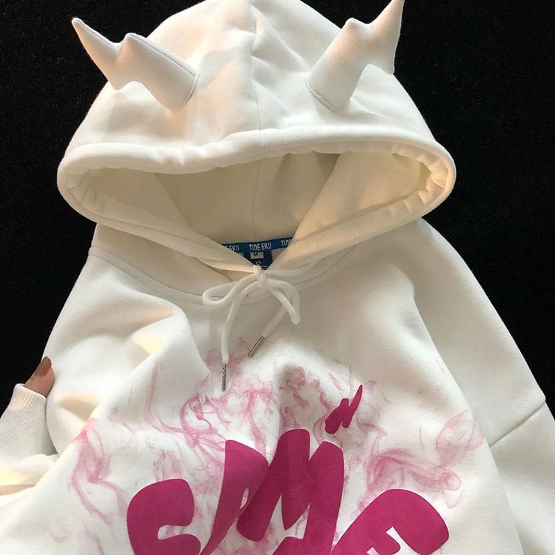 Women Retro Embroidery Horn Sweatshirt Oversized Hoodie White - Lifetane