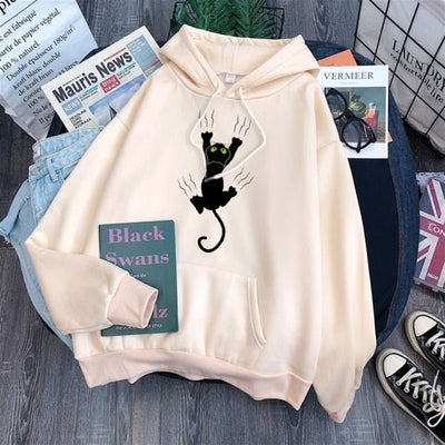 Women's Casual Fashion Black Cat Fleece Hoodie - Lifetane