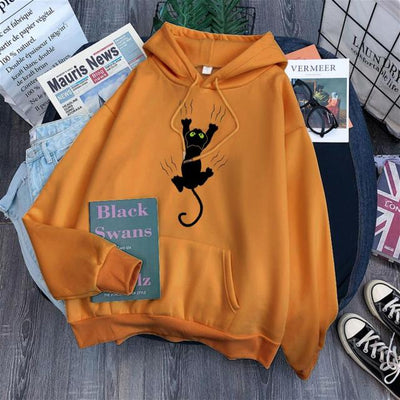 Women's Casual Fashion Black Cat Fleece Hoodie - Lifetane