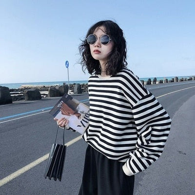 Women's Harajuku Gothic Stripe Cotton Long Sleeve Top - Lifetane