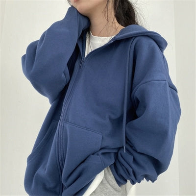 Women's Sweatshirts Oversized Solid Zip Up Hoodies Retro Long Sleeve Fleece - Lifetane